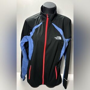 The North Face Black Jacket with Blue Panels and Red Zipper